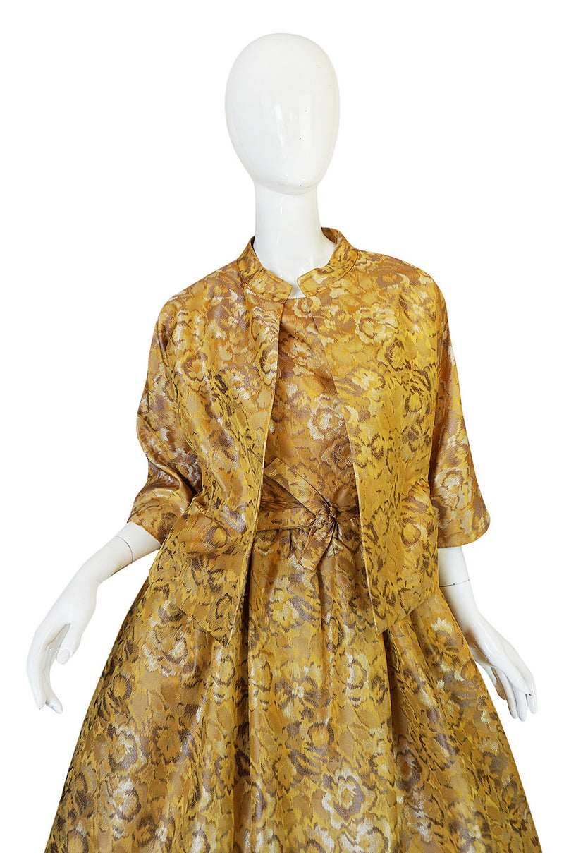 Rare 1950s Gustave Tassel Golden Silk Dress & Jacket