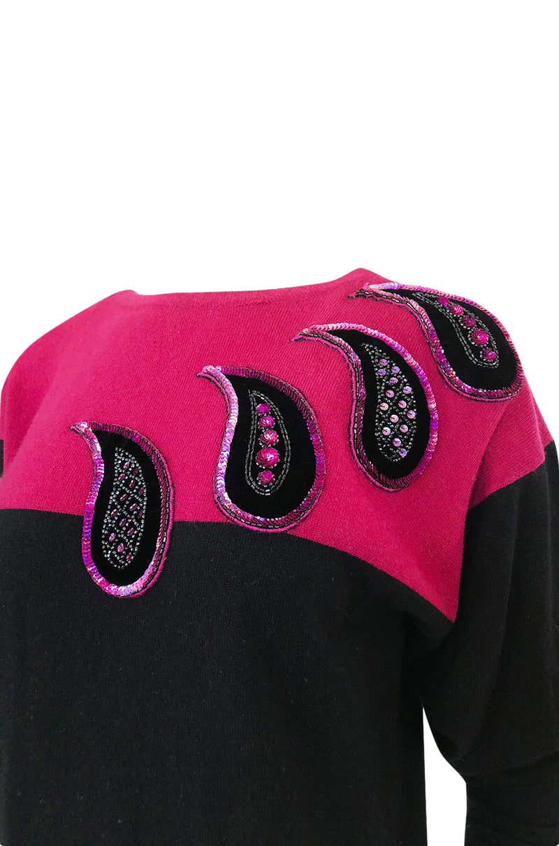 1980s Givenchy Cashmere Sweater & Scarf w Bead & Sequin Detailing