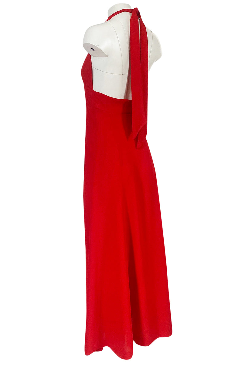 Iconc 1970s Ossie Clark Red Moss Crepe Button Front Halter Dress