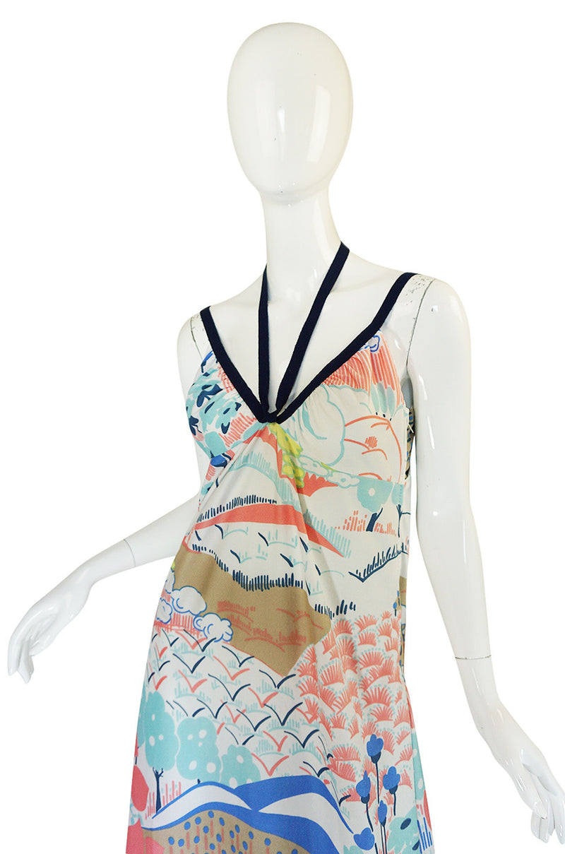 1970s Lanvin Pastel Scenic Printed Jersey Maxi Dress