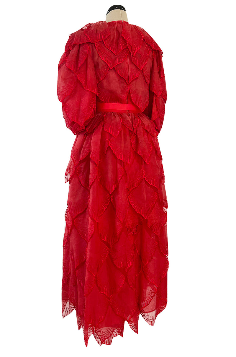 1980s Unlabeled Nina Ricci by Girard Pipard Haute Couture Red Silk & Net Leaf or Petal Dress