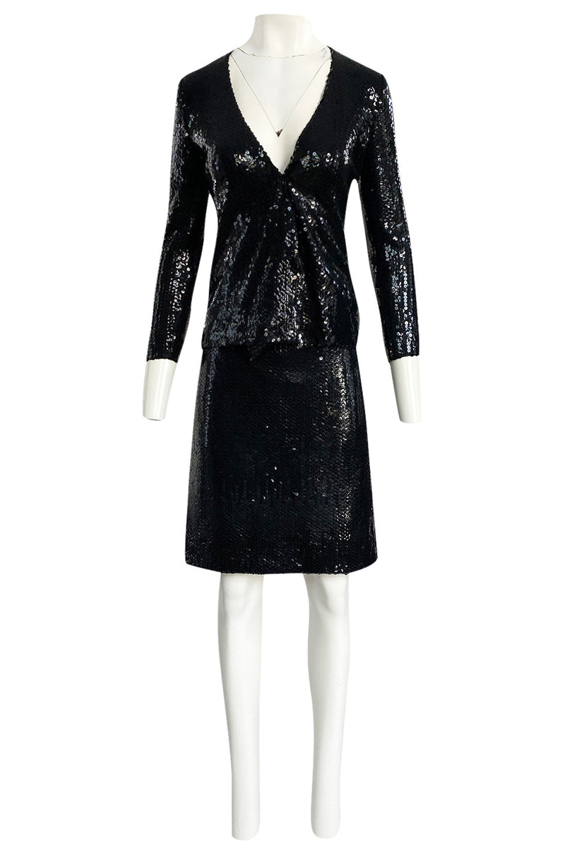 1973 Halston Couture Glossy Black Hand Applied Sequin Skirt & Jacket Evening Suit