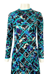 Gorgeous 1960s Emilio Pucci Blue Lattice Print Silk Jersey Maxi Dress