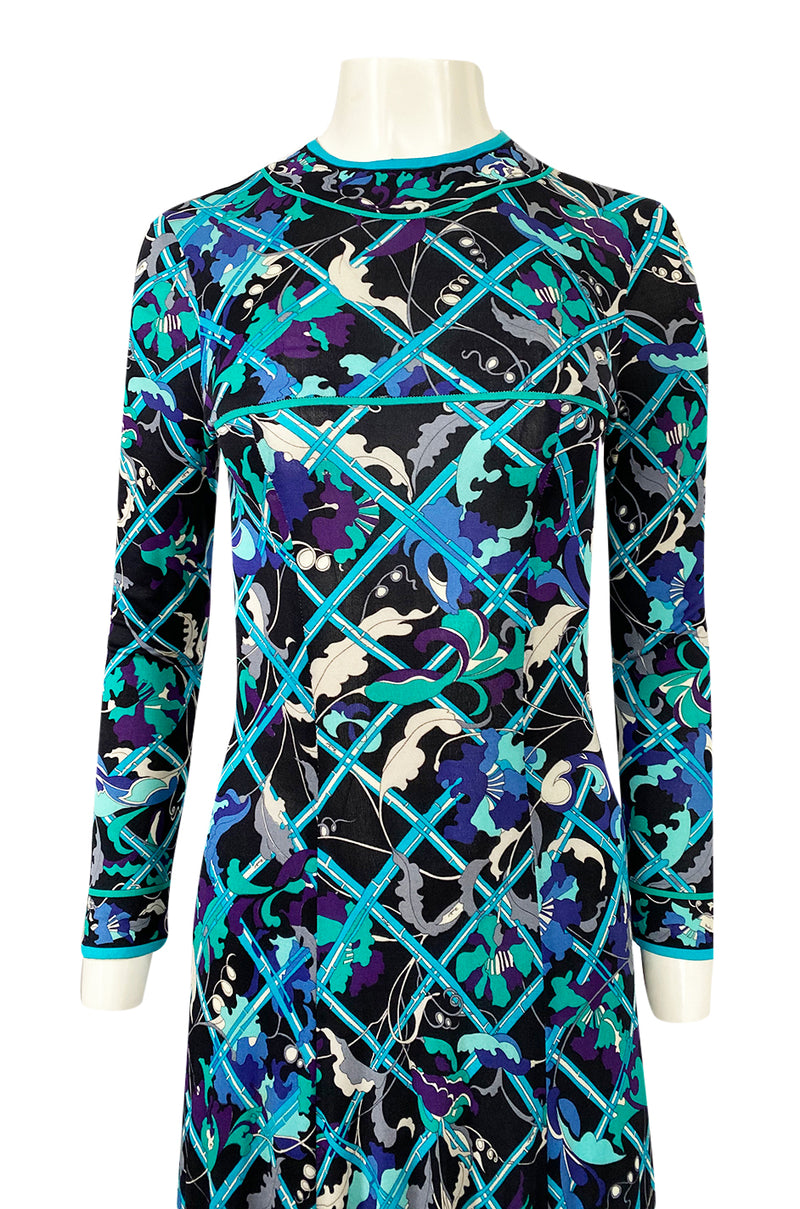 Gorgeous 1960s Emilio Pucci Blue Lattice Print Silk Jersey Maxi Dress Shrimpton Couture Gorgeous 1960s Emilio Pucci Blue Lattice Print Silk Jersey Maxi Dress Shrimpton Couture
