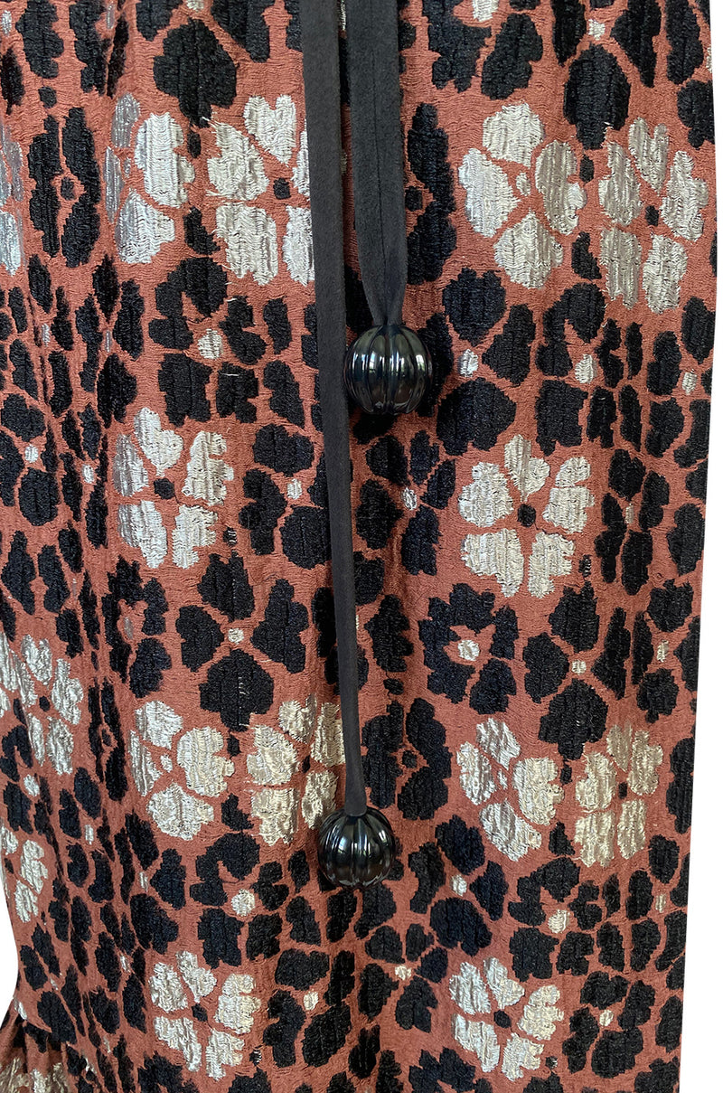 Early 1980s Madame Gres Silver Thread Ruffled Floral Print Maxi Skirt