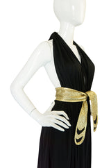 1980 Bill Tice Plunge Black & Gold Backless Halter Dress