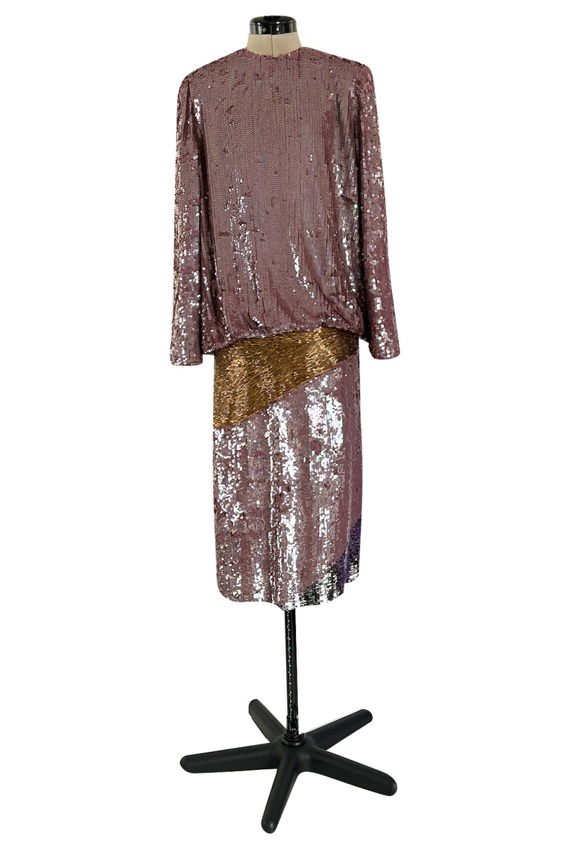 Documented 1982 Bill Blass Sequin & Beaded Dusty Purple, Gold & Silver Dress