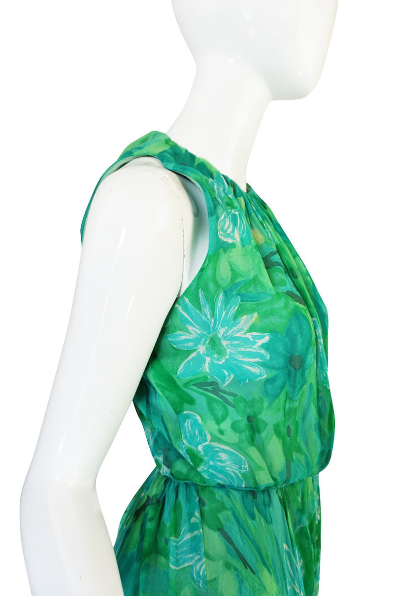 1960s Green Print Roger Freres Silk Chiffon Dress