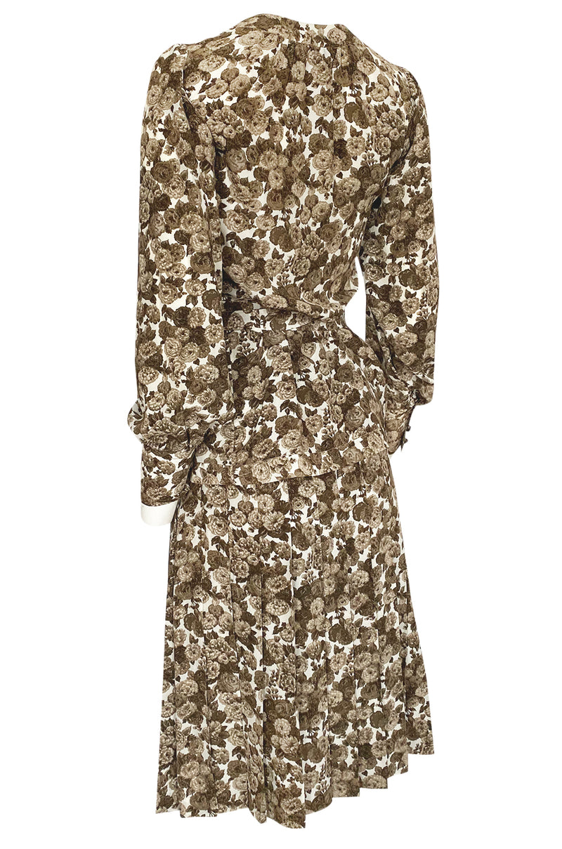 1970s Yves Saint Laurent Soft Brown Floral Print Silk Dress Top & Skir ...