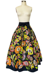 1960s Hand Painted Sequin Bright Floral Print Cotton Mexican Skirt