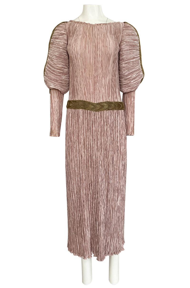 Spring 1984 Mary McFadden Dusky Pink & Gold Pleated Juliet Sleeve Dress