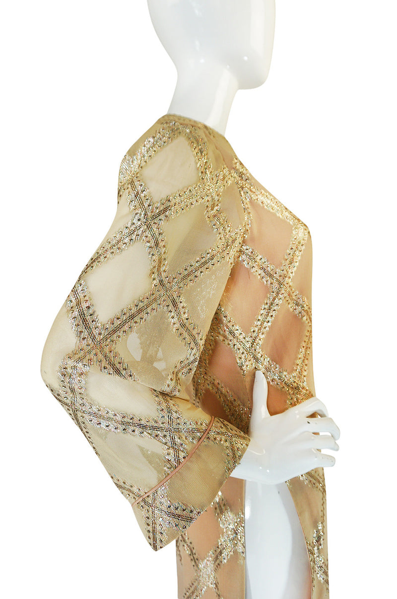 1960s Tina Leser Gold Lame Thread Side Slit Tunic Caftan Dress