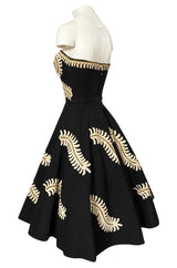 1950s Heavy Cotton / Canvas Strapless Dress  w Hand Applied Cord Applique