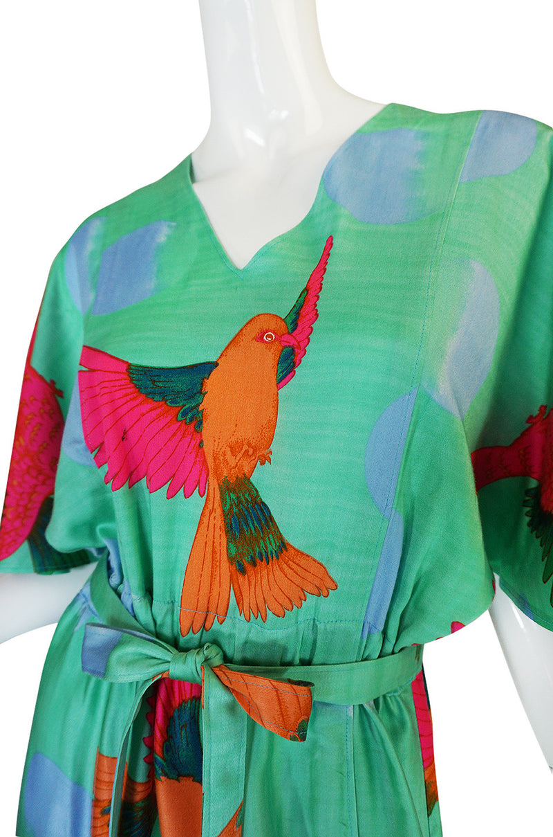 1970s Hanae Mori Green & Tropical Bird Caftan Dress