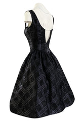 Early 1980s Nina Ricci Black Silk Metallic Lame Full Skirted Low Back Dress