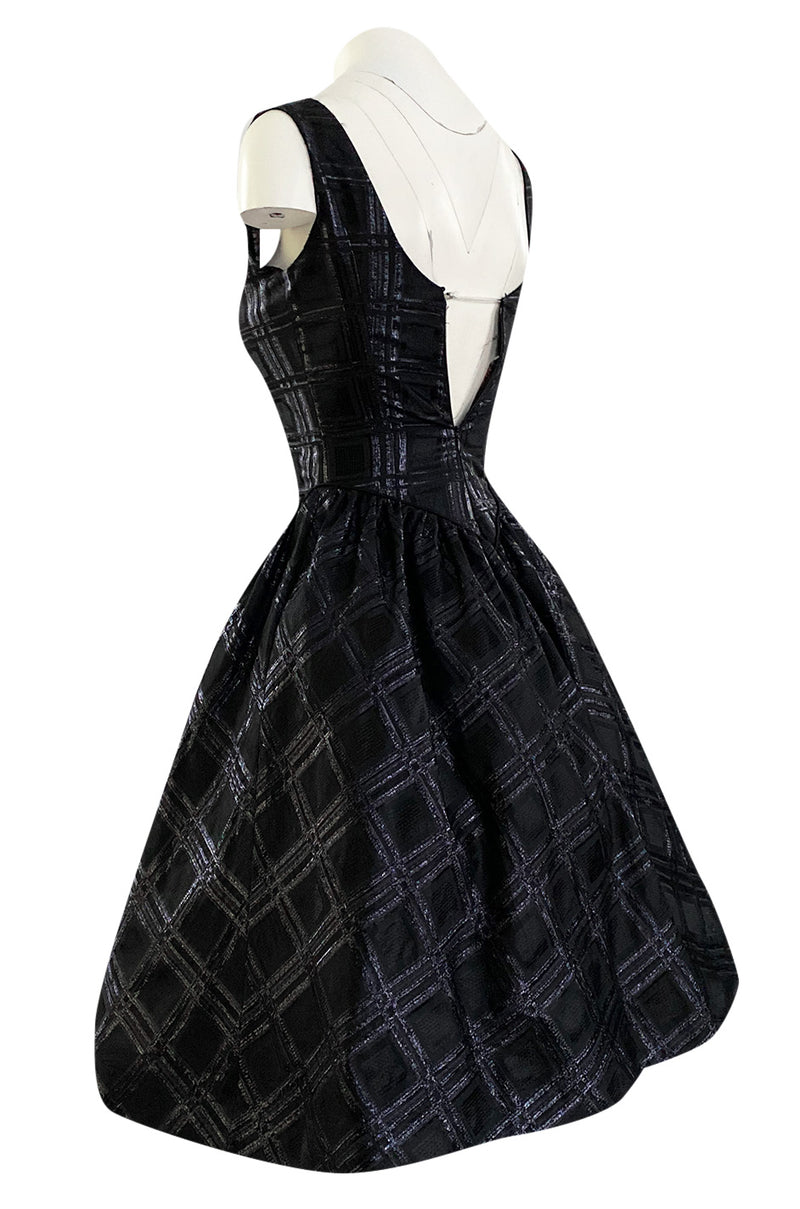 Early 1980s Nina Ricci Black Silk Metallic Lame Full Skirted Low Back Dress