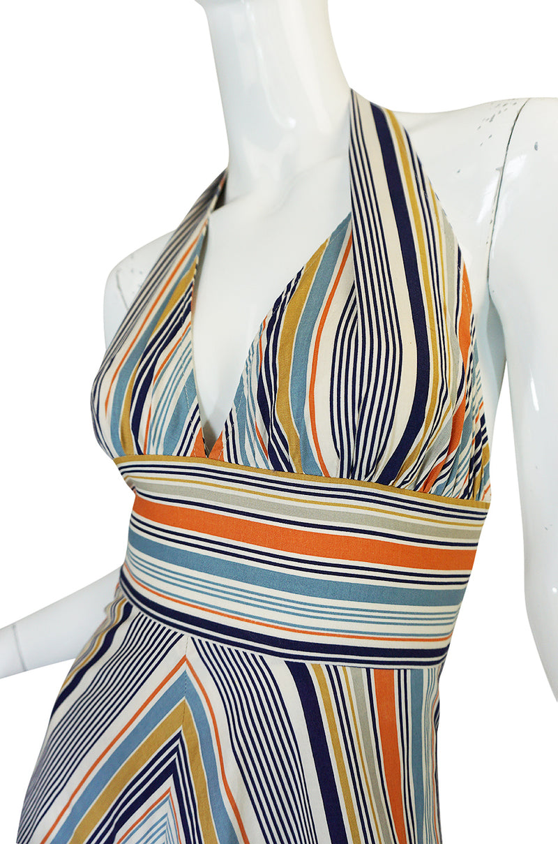 1970s Backless Cotton Striped Halter Top Maxi Sun Dress