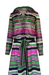 1970s Givenchy Vivid Pink Silk Striped Skirt & Top Dress Set