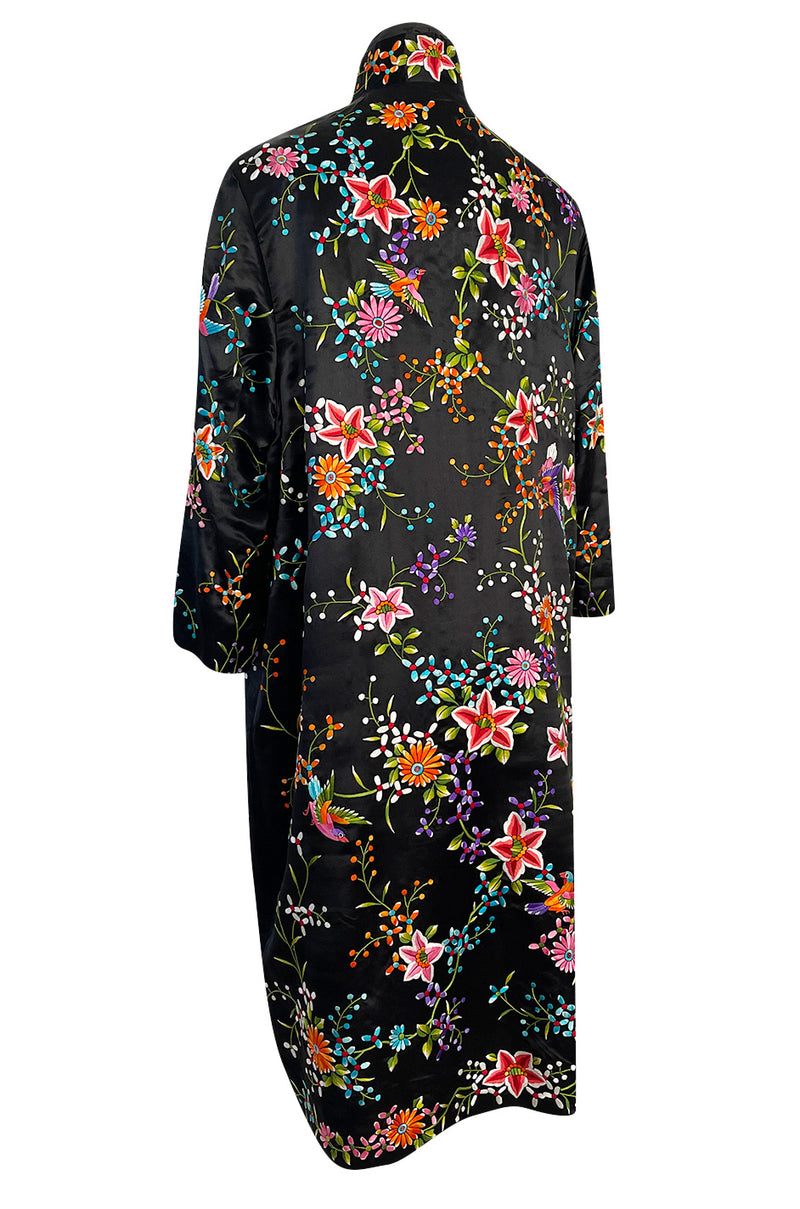 Extraordinary 1920s Colourful Densely Embroidered Black Silk Asian Evening Coat
