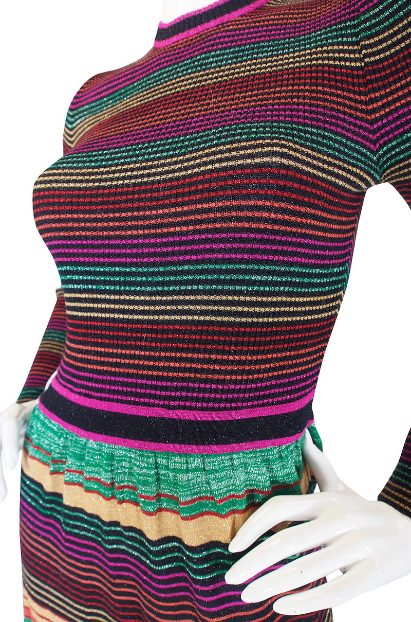 1970s Multi Color Striped Metallic Knit Maxi Dress