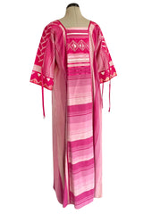 1960s Josefa Hand Made Mexico Pink Caftan Dress w Embroidery & Ribbon Details