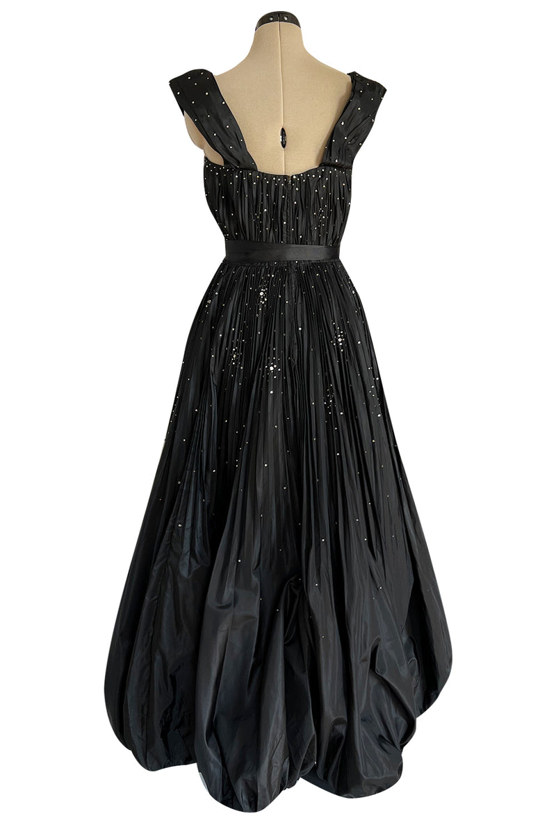 Rare 1961 Norman Hartnell Couture Black Silk Taffeta Dress w Crystal Detailing