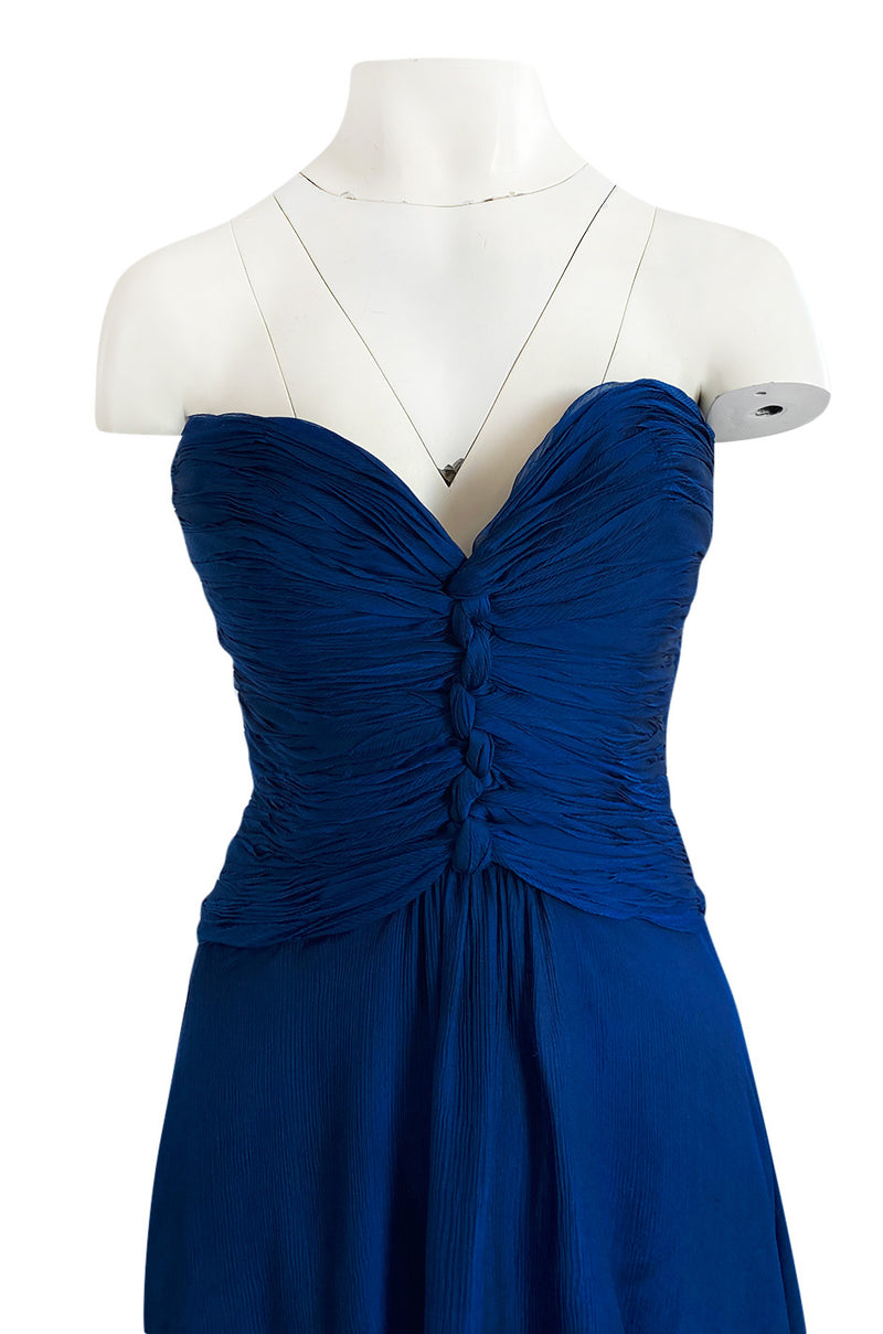 Spring 1990 Oscar De La Renta Deep Sapphire Blue Silk Chiffon Strapless Dress