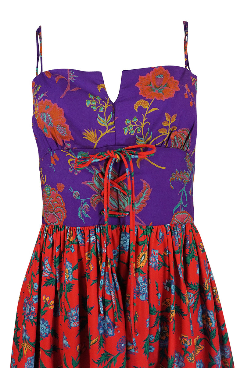 1970s Mollie Parnis Corset Front Purple & Red Floral Print Dress
