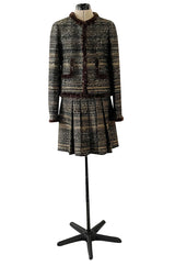 Stunning Fall 2005 Chanel Metallic Silk Mohair Fur Trimmed Tweed Jacket & Pleated Skirt Suit