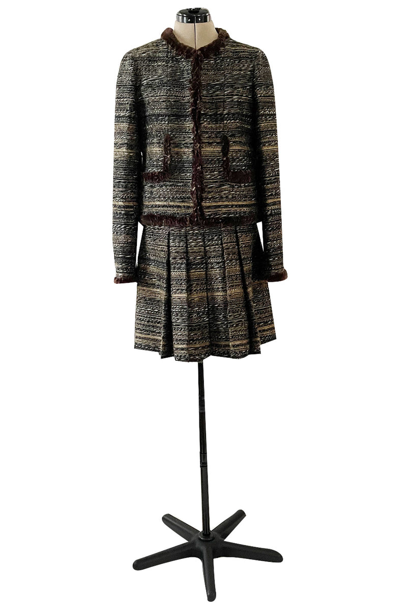 Stunning Fall 2005 Chanel Metallic Silk Mohair Fur Trimmed Tweed Jacket & Pleated Skirt Suit