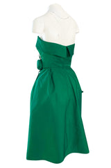 1950s Suzy Perette Emerald Green Strapless Full Skirted Dress w 3D Flower Detailing