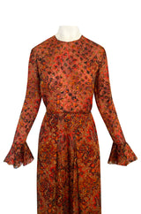 Late 1970s James Galanos Printed Rust & Coral Silk Chiffon Jumpsuit w Extra Wide Slit Pant Legs