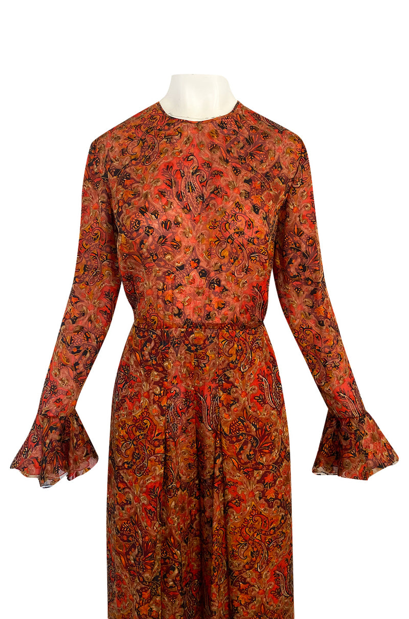 Late 1970s James Galanos Printed Rust & Coral Silk Chiffon Jumpsuit w Extra Wide Slit Pant Legs