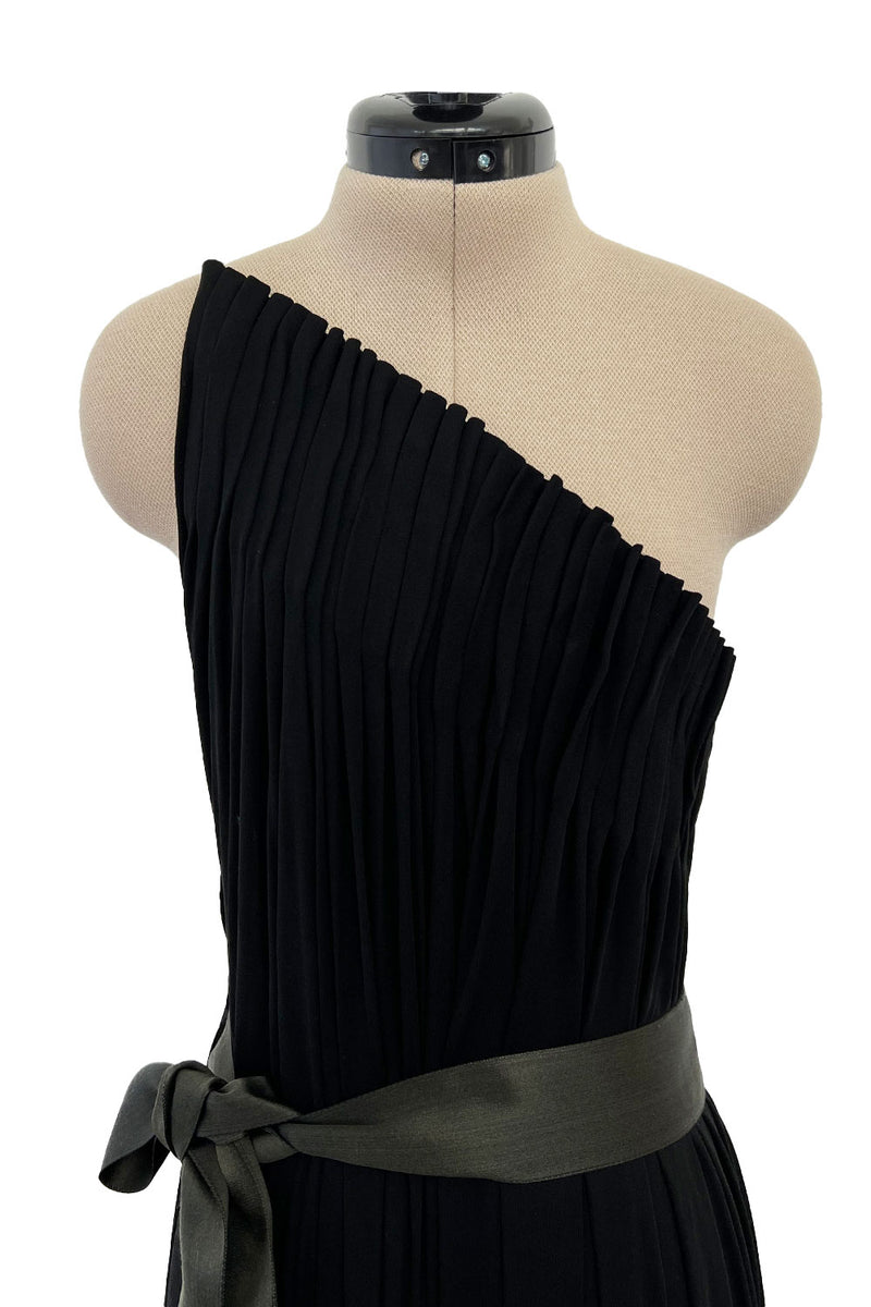 Fabulous Late 1970s James Galanos Intricate Flute Pleated Black Silk Jersey One Shoulder Dress