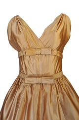 c.1957 Christian Dior Demi-Couture Gold Bow Detailed Silk Dress