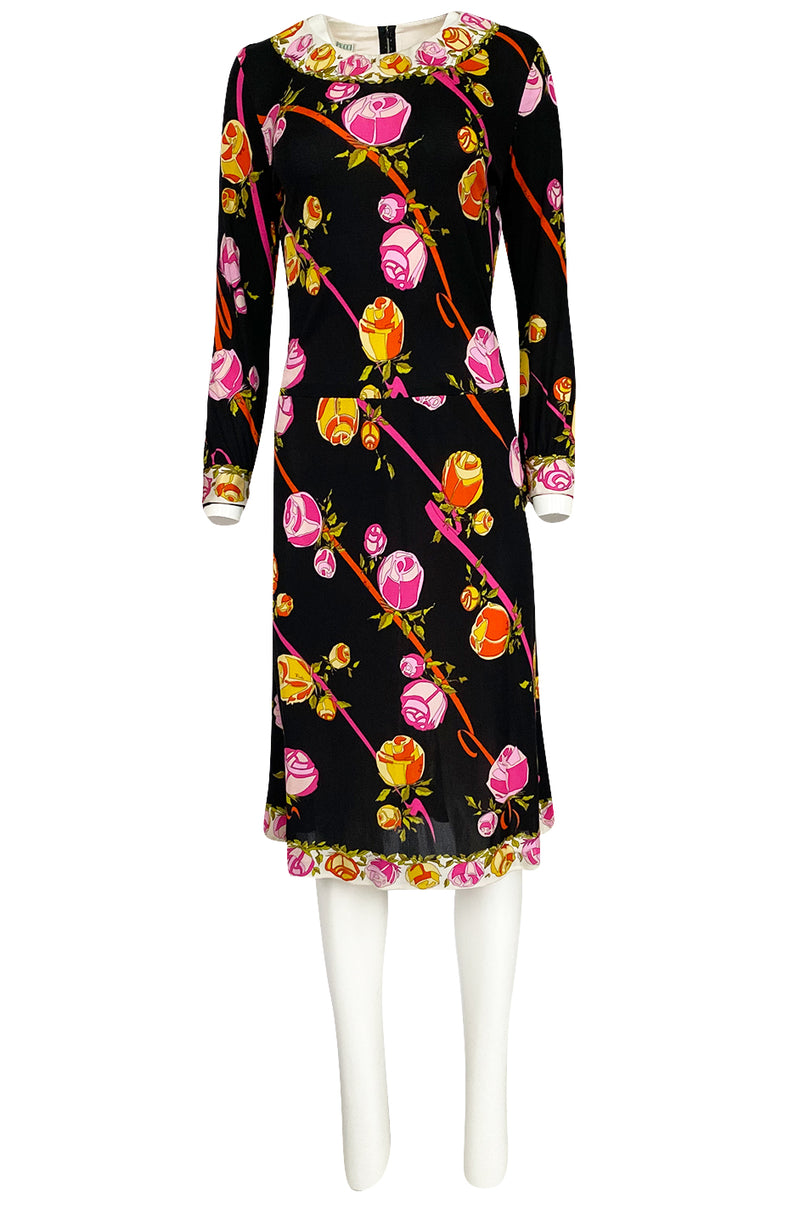 1960s Emilio Pucci Prettiest Pink Floral Print & Black Silk Jersey Dress