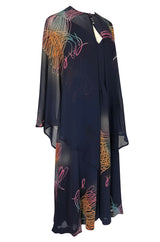 c.1977 Pauline Trigere Silk 'Fireworks' Print Halter Dress & Cape