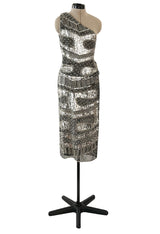 Spring 1981 Unlabeled Halston One Shoulder Silver Sequin & Black Silk Chiffon Dress
