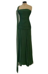 Spectacular Late 1970s Galanos Moss Green Silk Chiffon Car Wash Hem Dress w Draped Shoulder Panel