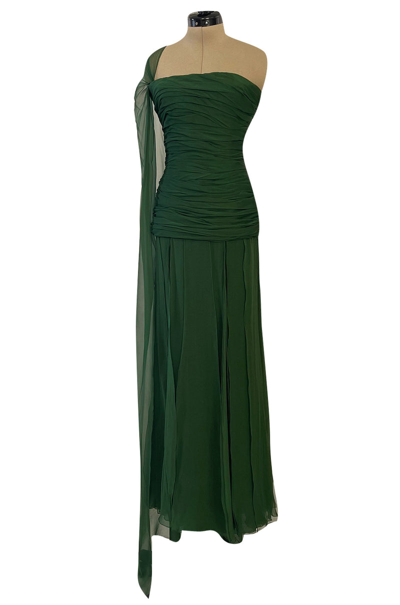 Spectacular Late 1970s Galanos Moss Green Silk Chiffon Car Wash Hem Dress w Draped Shoulder Panel