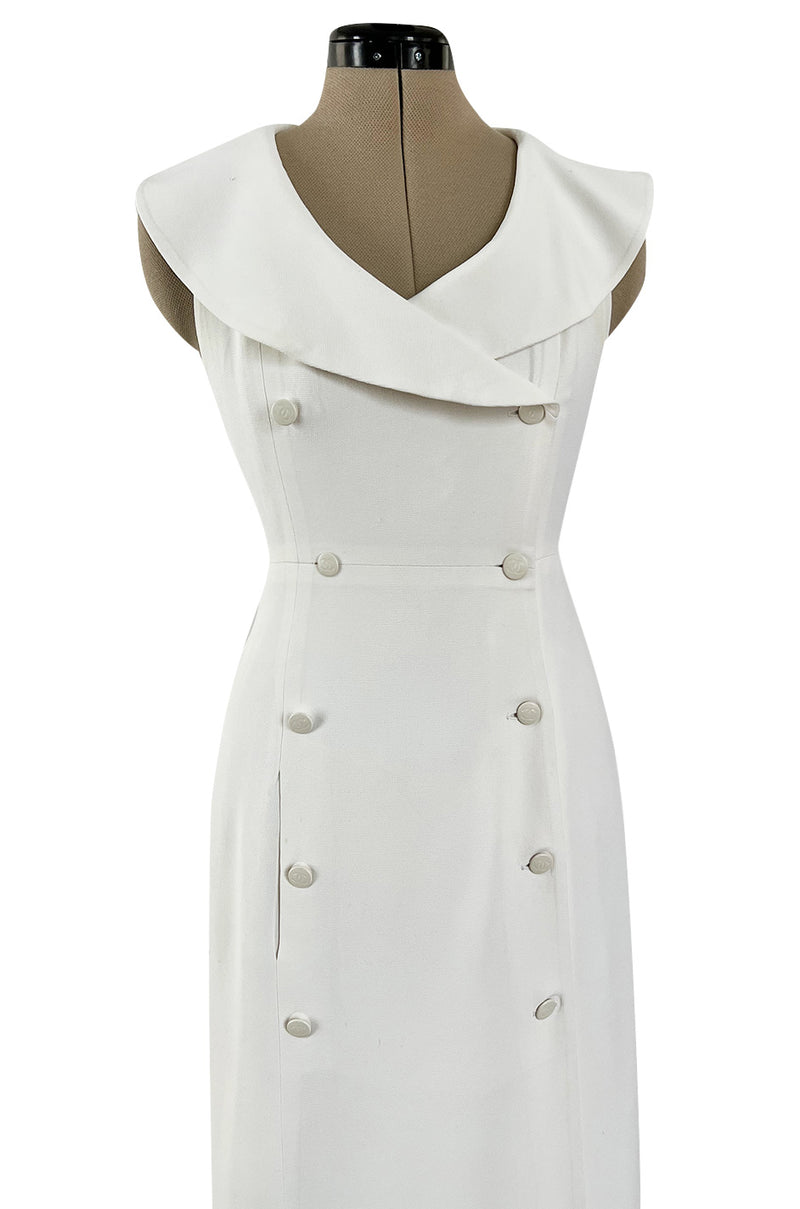 Chic Cruise 1997 Chanel by Karl Lagerfeld White Dress w Large Collar & Logo Buttons
