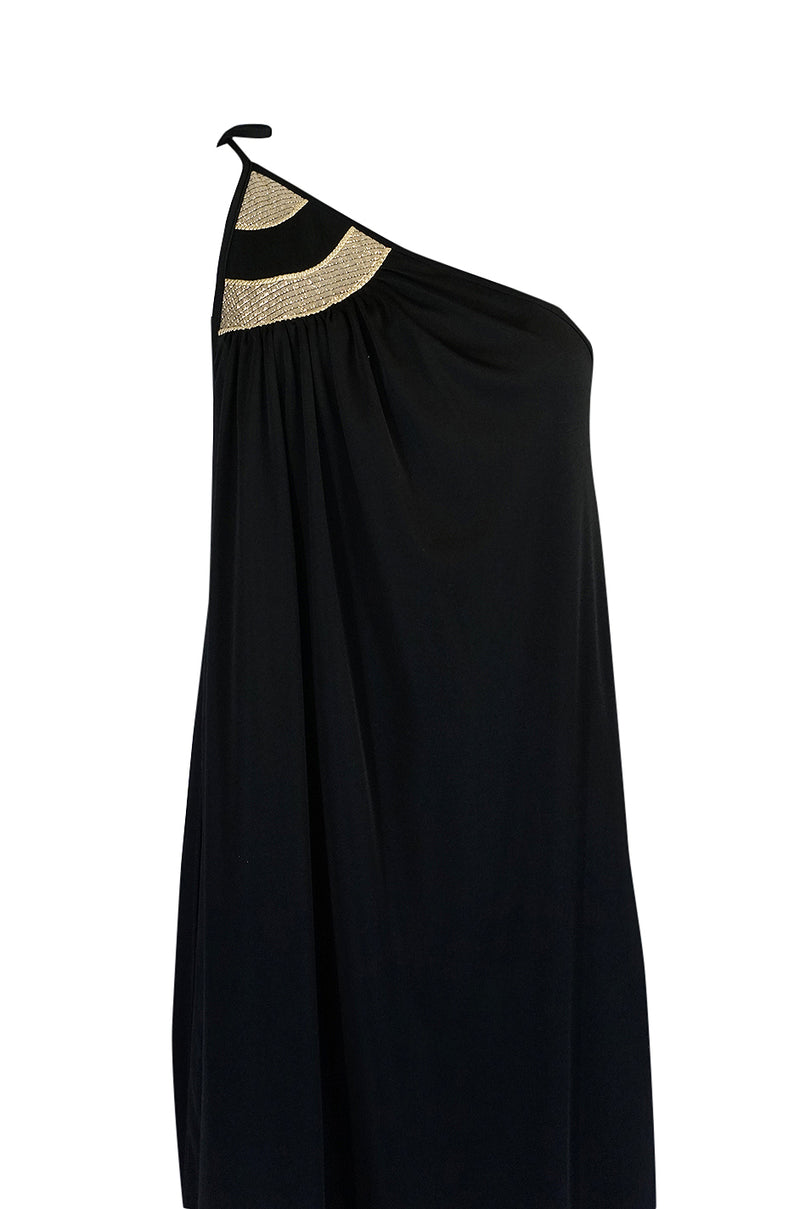 1970s Bill Tice One Shoulder Gold & Black Jersey Dress