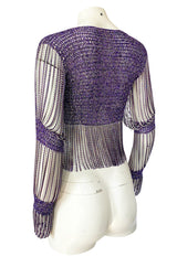 1971- 1973 Loris Azzaro Purple Metallic Lame Crochet Knit & Silver Chain Top