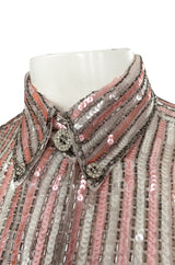 Late 1970s Oscar de la Renta Pink & Silver Sequin Top w Rhinestone Buttons