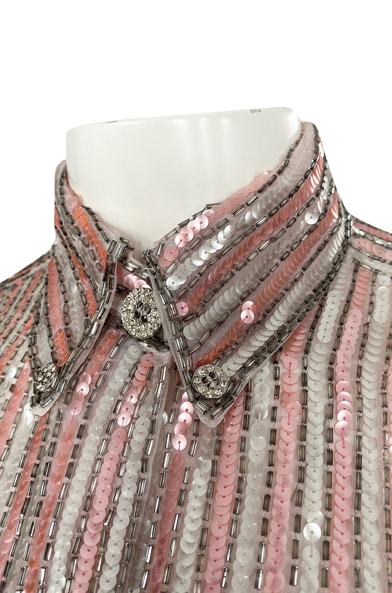 Late 1970s Oscar de la Renta Pink & Silver Sequin Top w Rhinestone Buttons