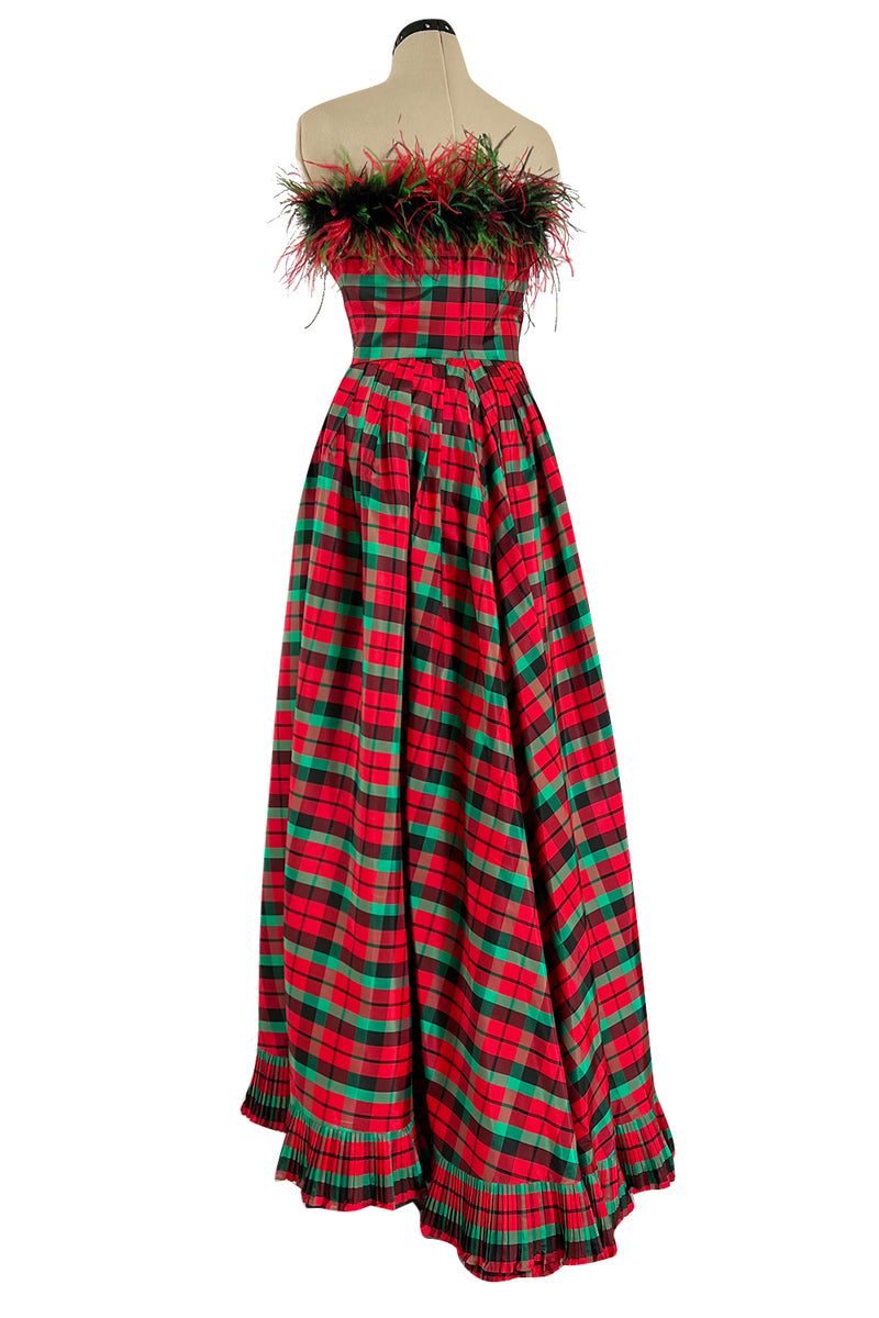 Gorgeous 1980s Victor Costa Silk Taffeta Plaid & Feather Strapless Dress