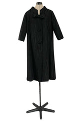 Minimalist 1960s Marty Modell Black Silk Jaquard Brocade Coat w Bow Detail