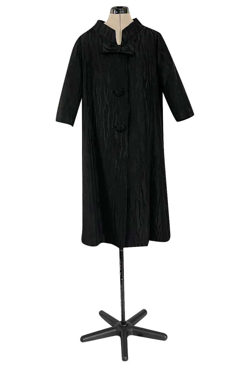 Minimalist 1960s Marty Modell Black Silk Jaquard Brocade Coat w Bow Detail