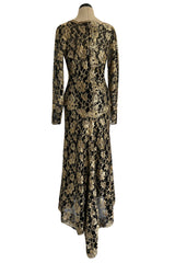 Exceptional Fall 1986 Chanel by Karl Lagerfeld Runway Metallic Gold Thread on Black Silk Net Dress