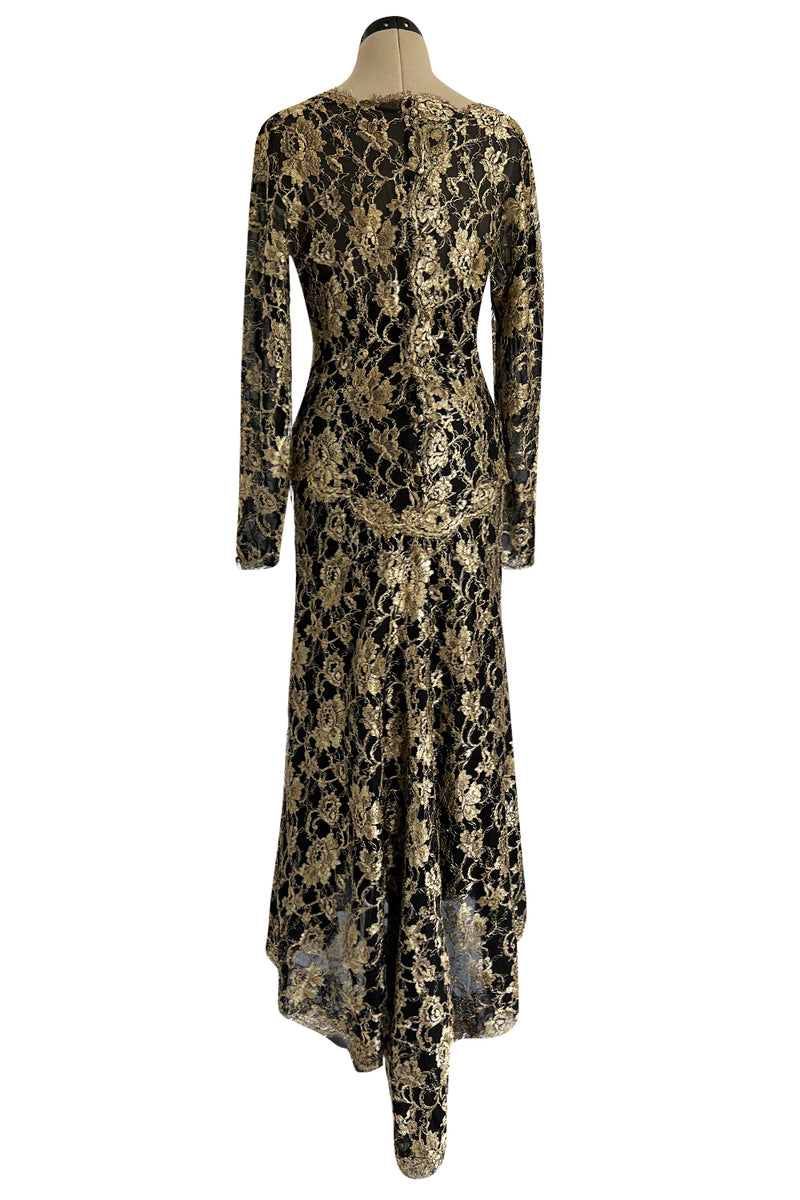 Exceptional Fall 1986 Chanel by Karl Lagerfeld Runway Metallic Gold Thread on Black Silk Net Dress